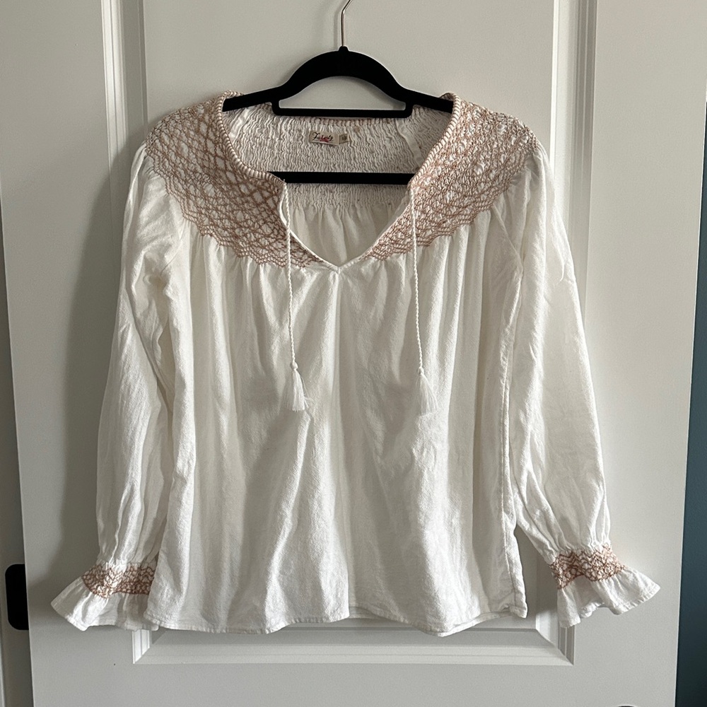 Faherty White Blouse with Smocked Detail